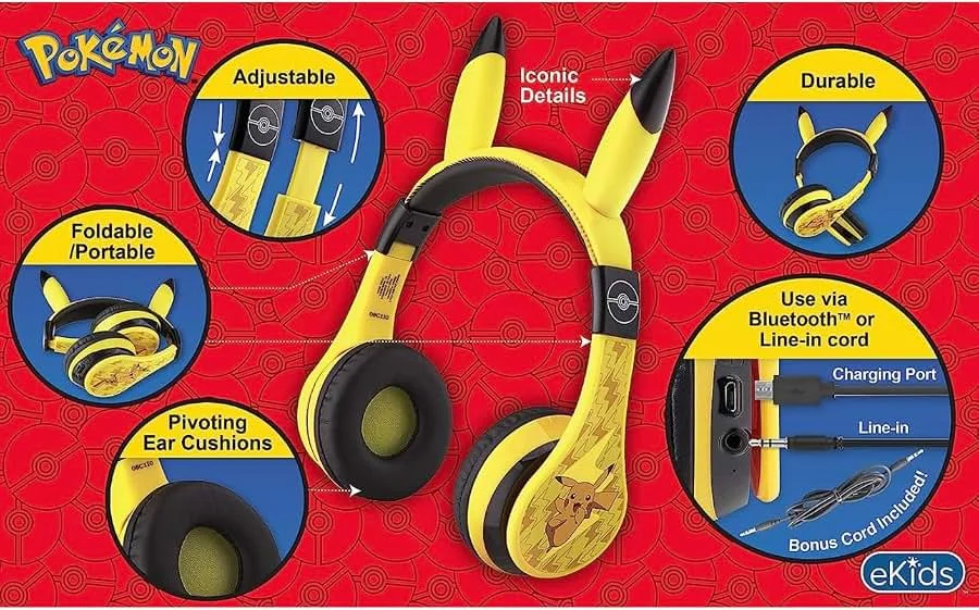 Pokemon Kids Bluetooth Headphones, Wireless Headphones with Microphone Includes Aux Cord, Volume Reduced Kids Foldable Headphones for School, Home, or Travel - Image 2