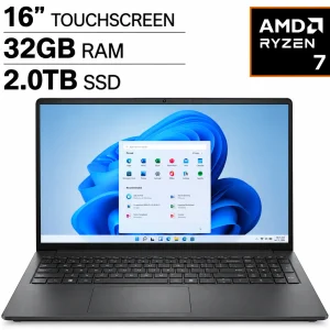 Open Box Dell 16-in Large Touchscreen, Gaming on AMD Ryzen 7 250 w/ AMD Radeon 780M, 32GB RAM, 2TB SSD, Finger Unlock, High-end 38 TOPS for AI, Black