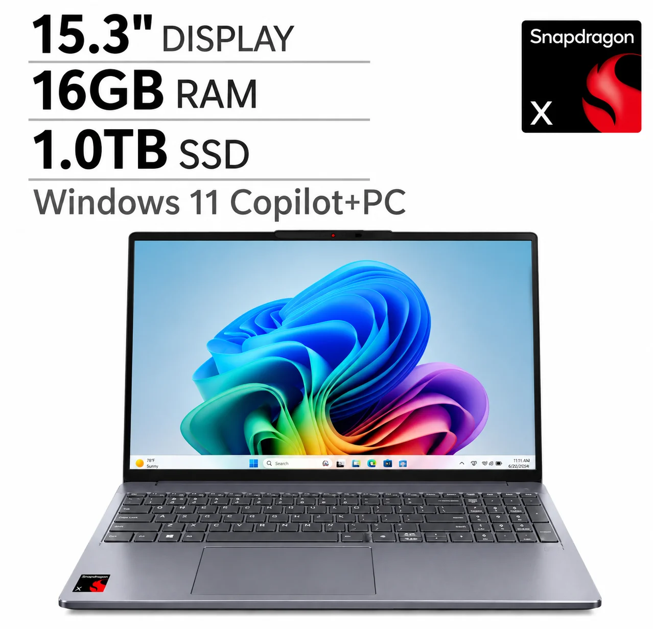 Open Box - Lenovo IdeaPad Slim 3x 83N30010US 15.3" Touchscreen Laptop - Luna Grey (Qualcomm Snapdragon X X1-26-100 / 16 GB RAM / 1 TB SSD / Windows 11 Home)