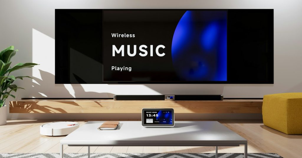 Modern living room illustrating connected smart-home technology